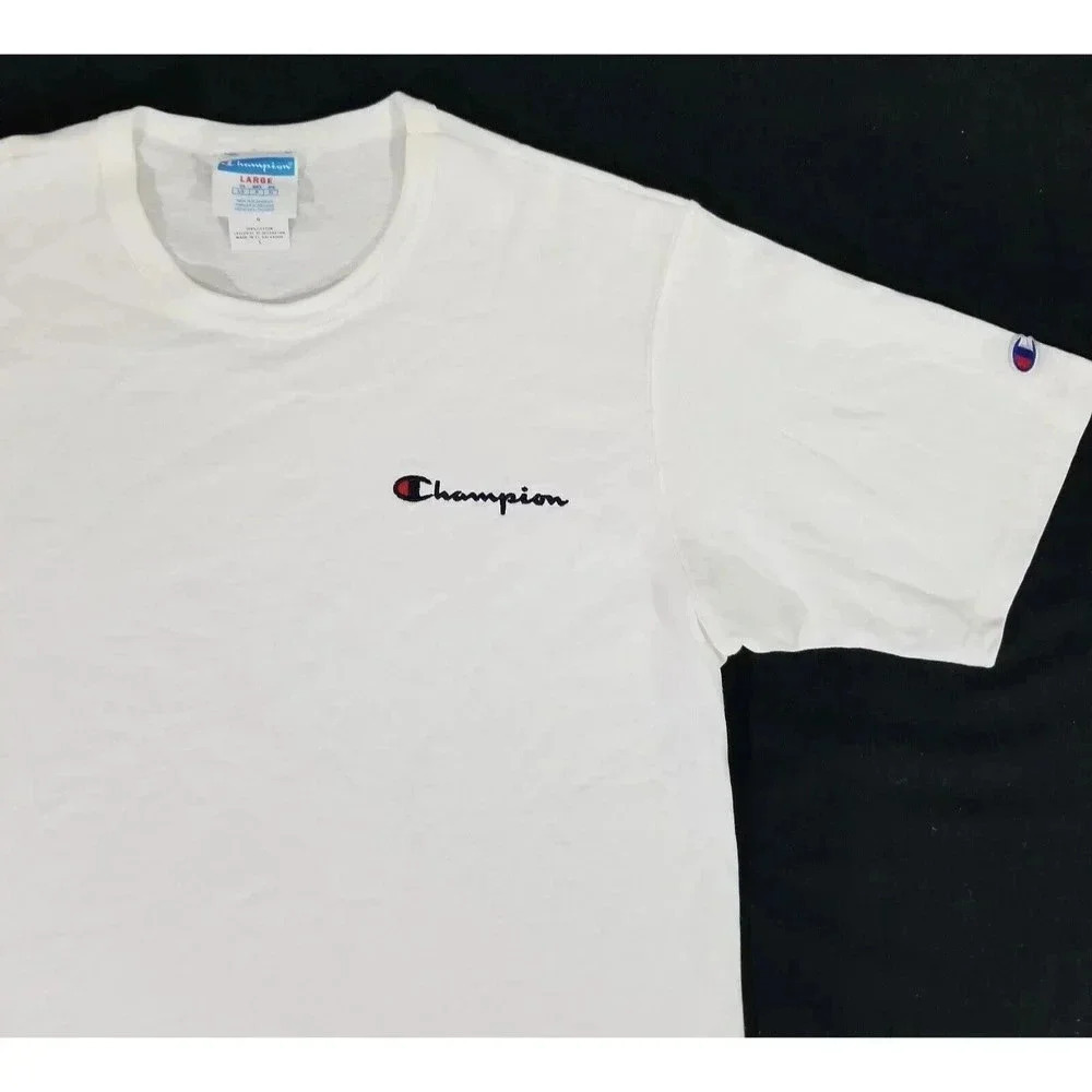 Vintage Y2K Champion Embroidered Script Spellout T Shirt Men's Size Large White